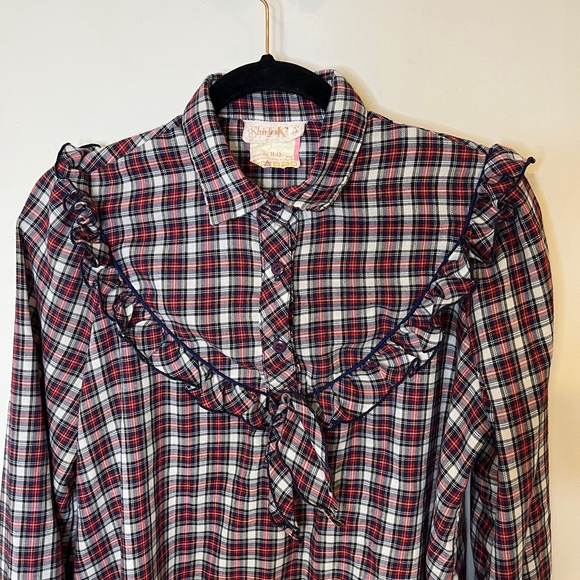 Girls Vintage Plaid Shift Dress Long Sleeves Ruffle Detail Yoke Tie Size 11/12 - Picture 8 of 12